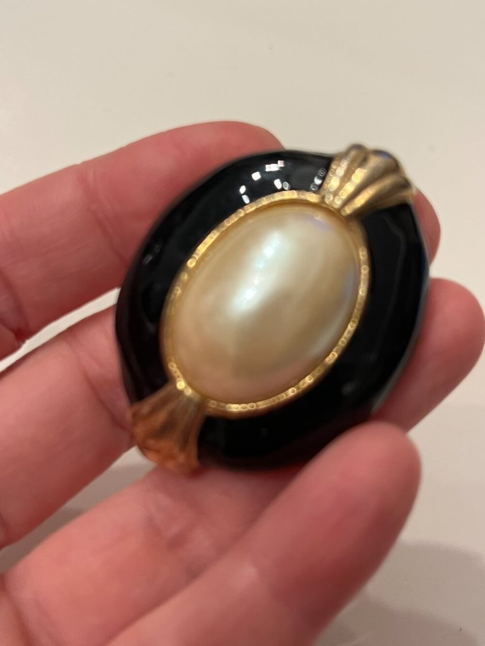 Vintage Brooch Pin - Faux‎ Pearl with Black and Gold Tones